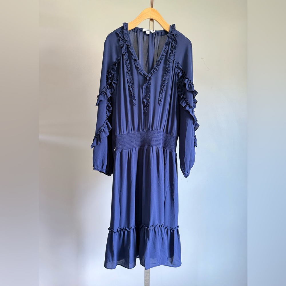 Chico’s.. Ruffle Detail Smock Waist Dress. 
SIZE: 3
COLOR:Blue